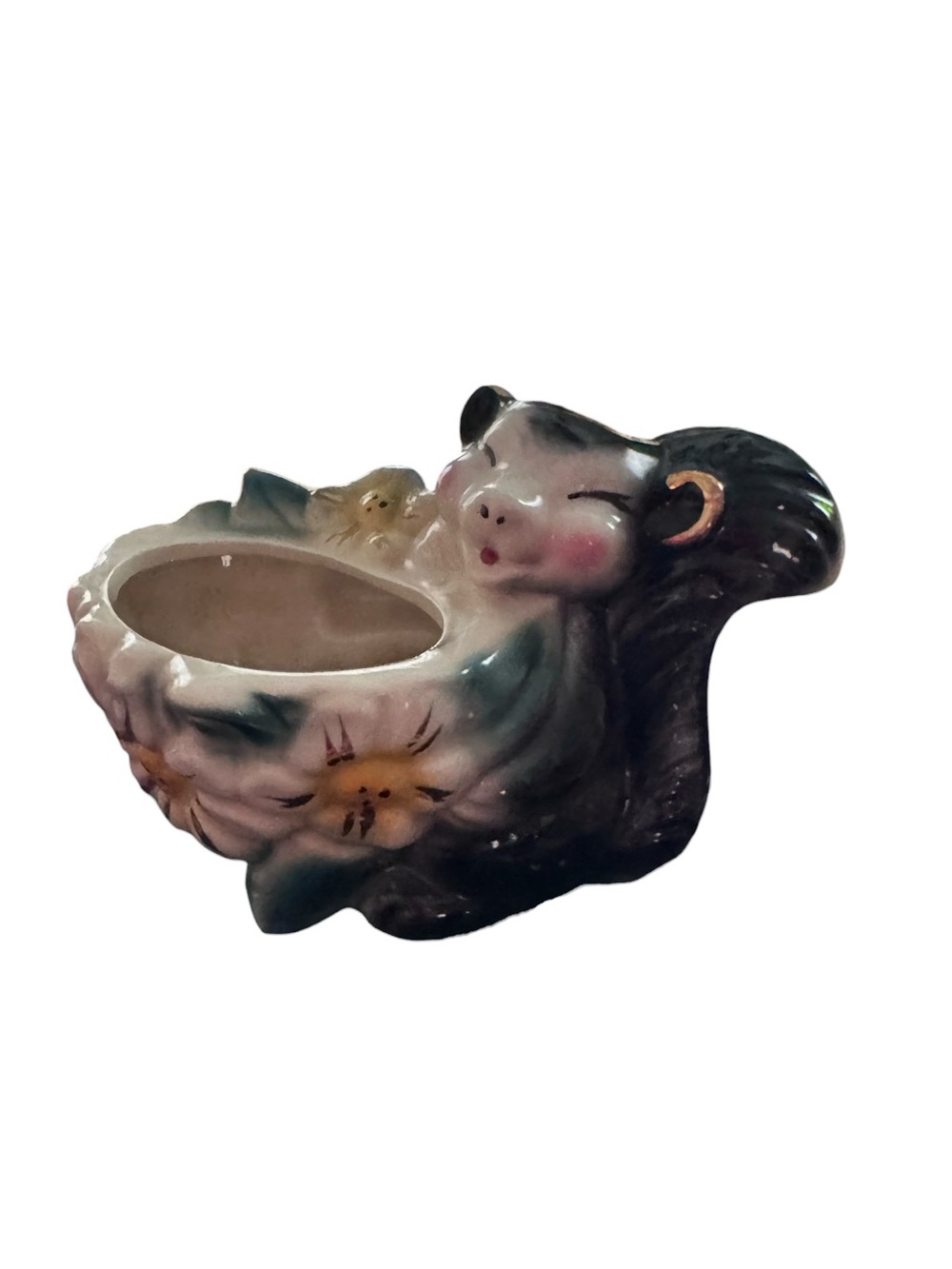 vintage mid-century hand-painted ceramic skunk planter